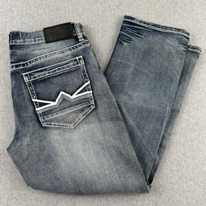 True Luck Jeans Mens 34 Blue Straight Leg Thick Stitch Faded Denim TL16350037